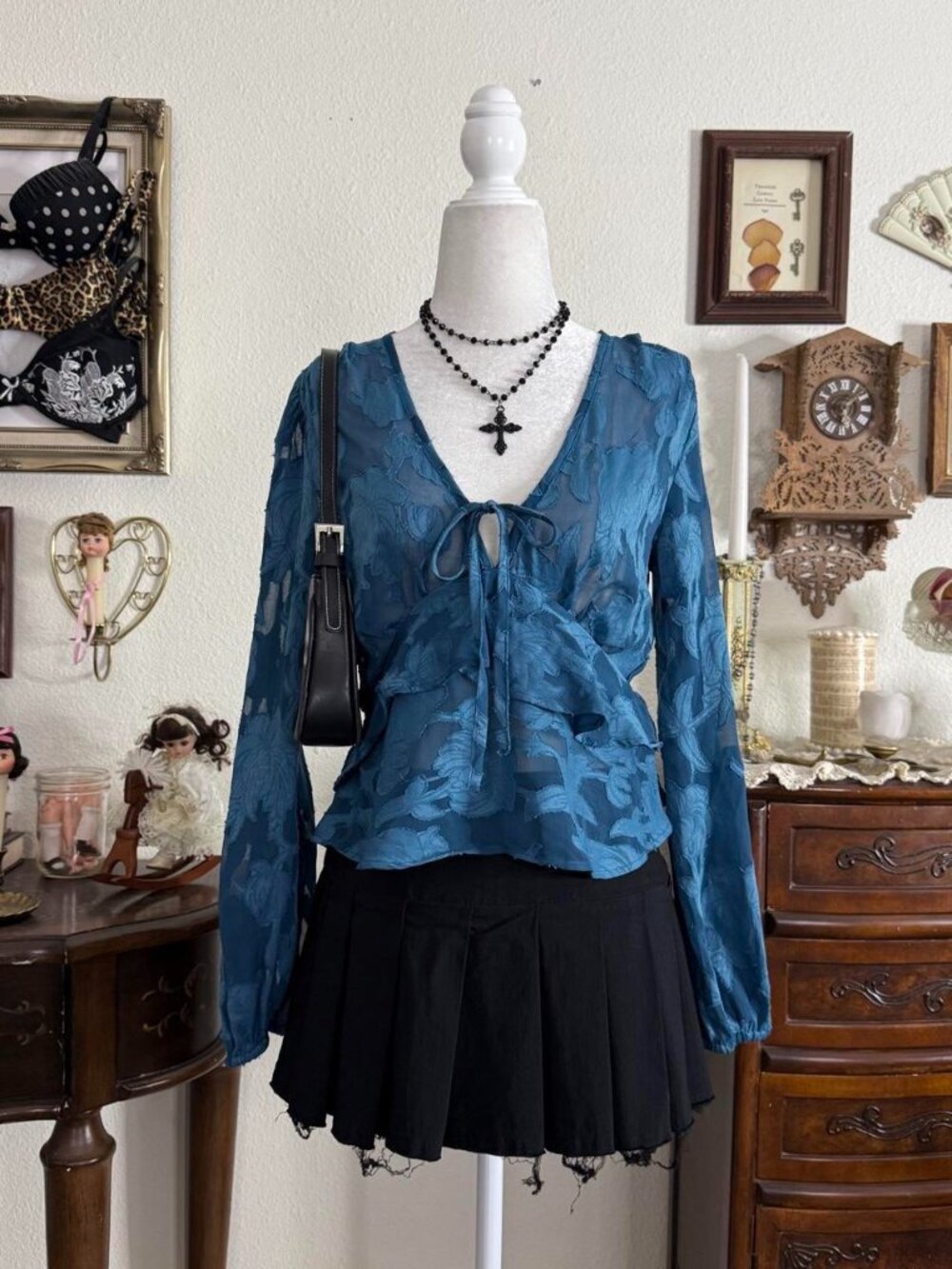 Witchy whimsigoth boho sheer blue floral ruffled blouse